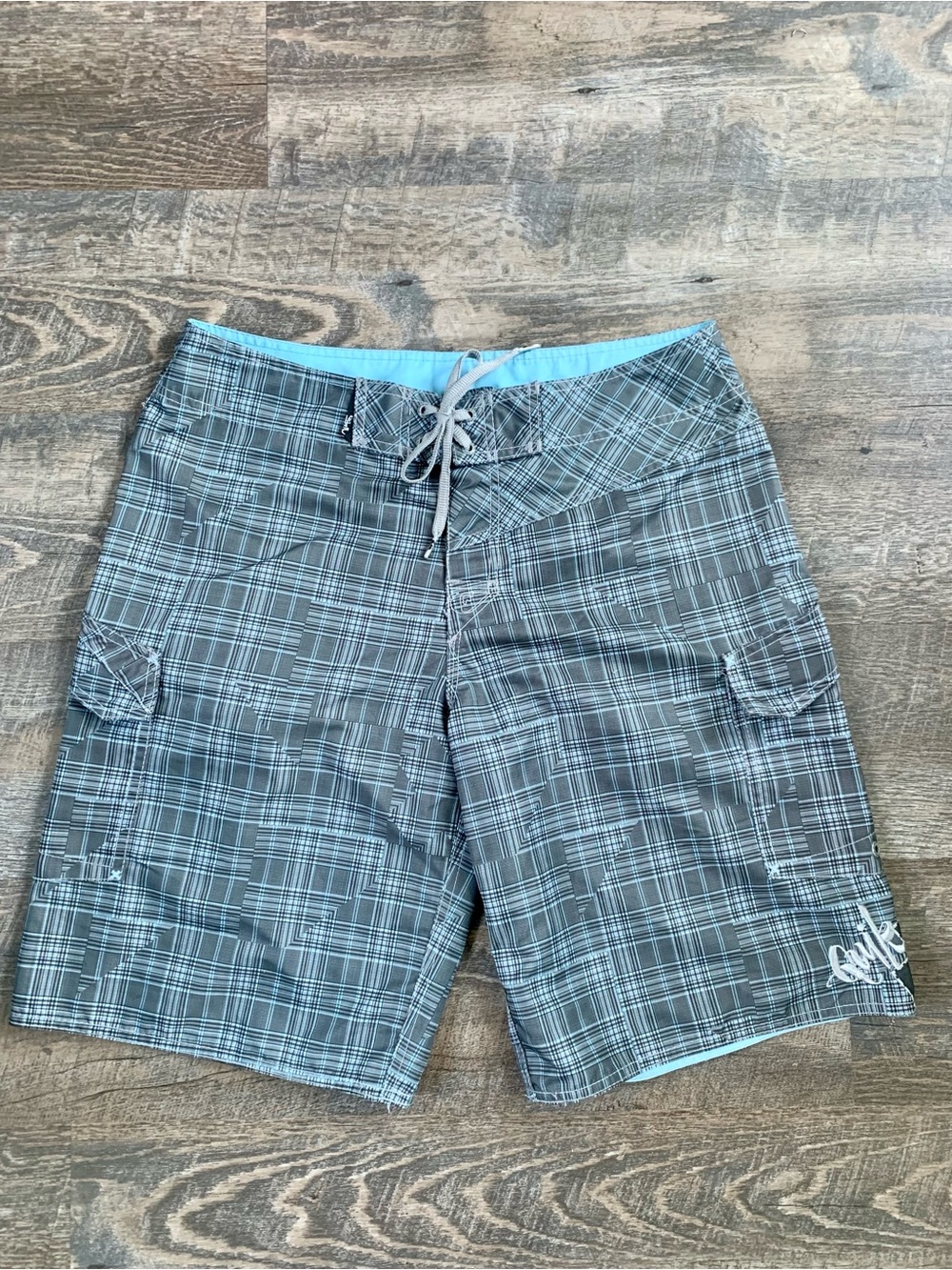 Quicksikver Plaid Swim Trunks with Light Blue Lining Embroidered Logo & Name